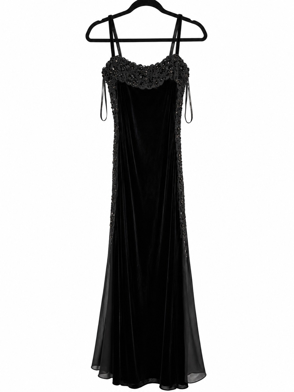Vintage Black Velvet Sequined Embroidered Maxi Dress